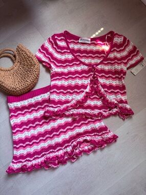 No Boundaries Pink & White Striped Knit Crop Top and Skirt Set